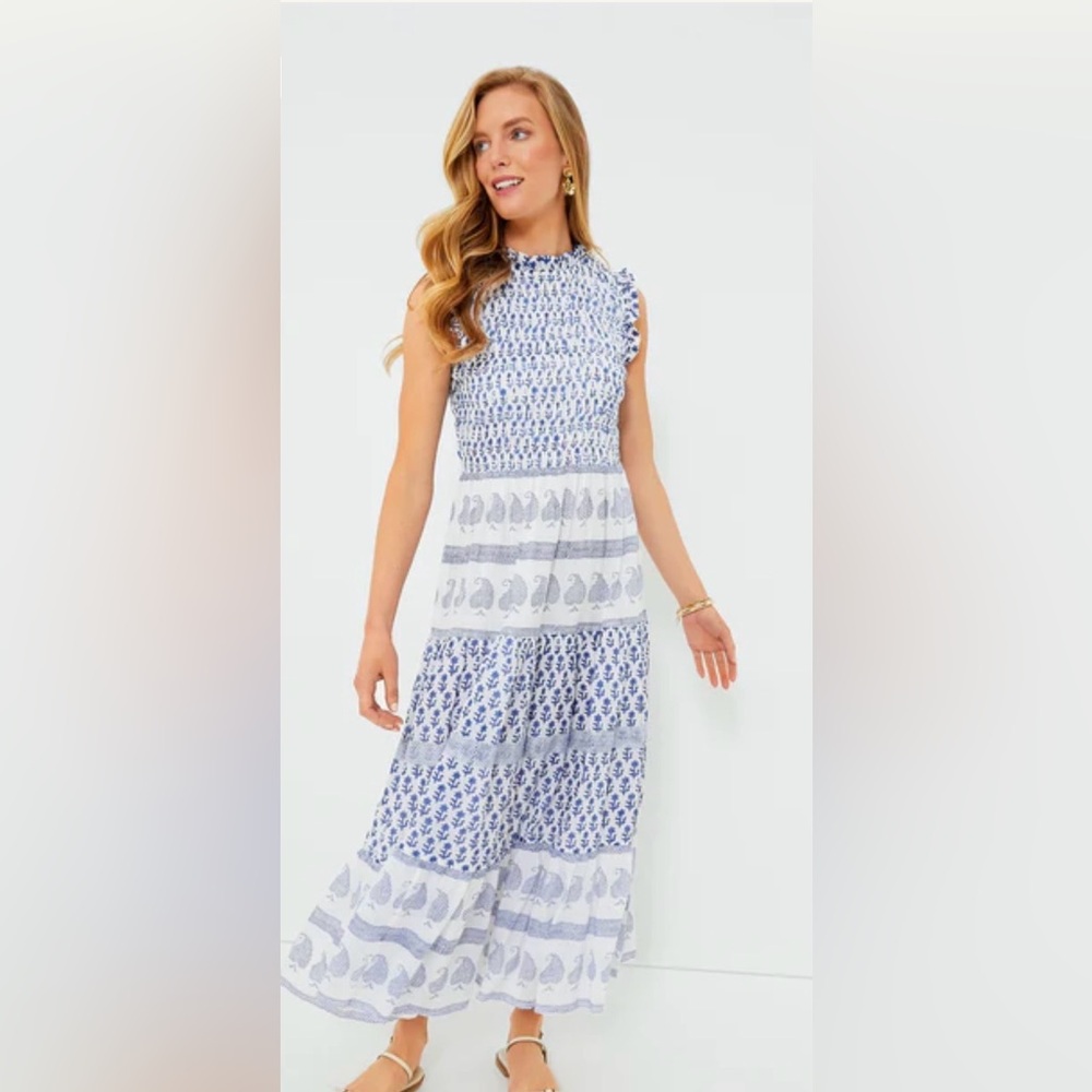 Oliphant Smocked Blue and White Midi Dress